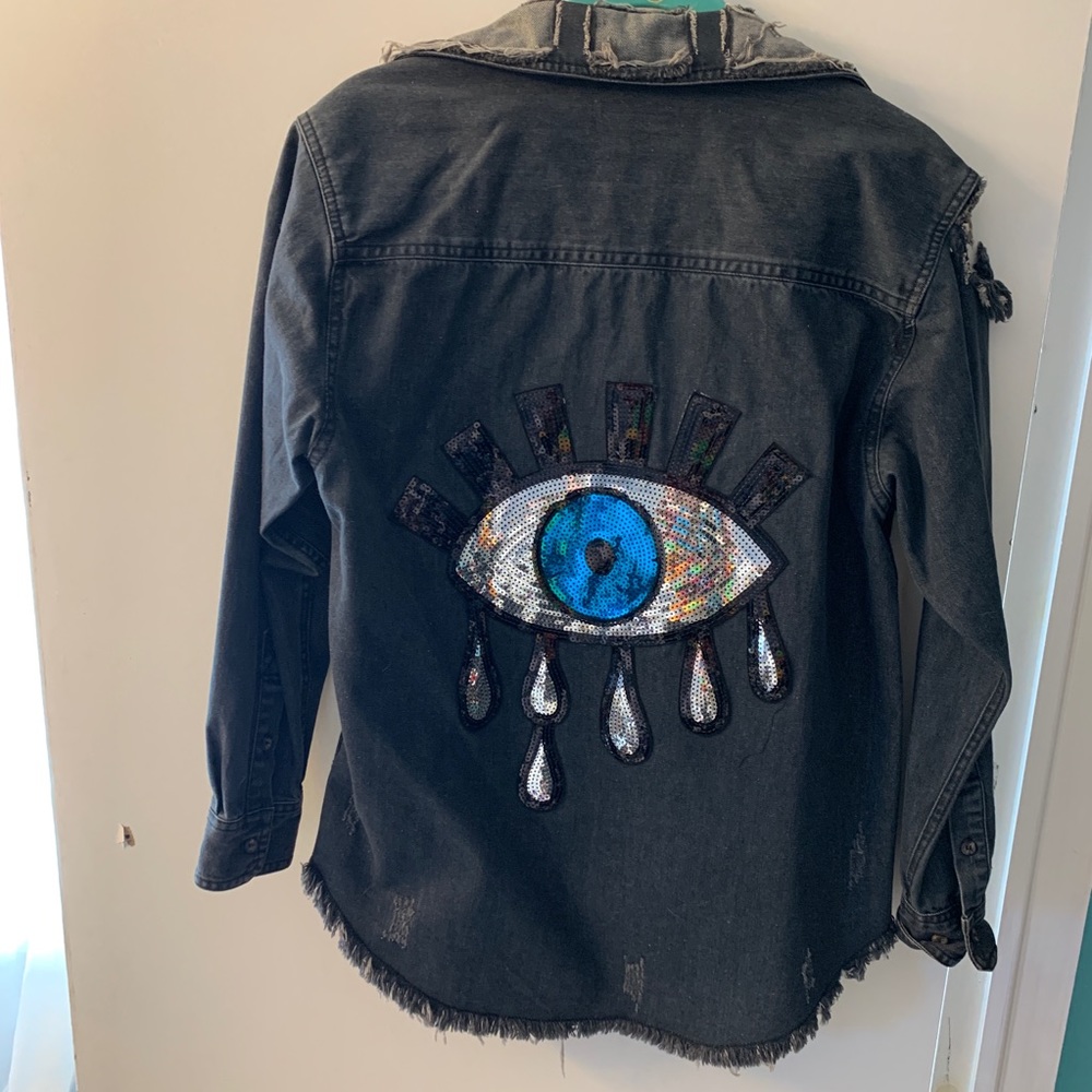 sequin eye distressed black denim jacket
